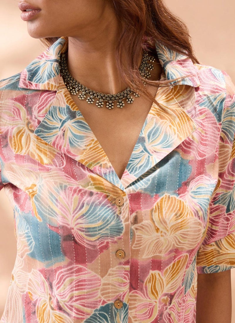 globus Women Multi Color Floral Print Notched Lapel Shirt with Wide Leg Trousers Fusion Co-Ord Set - Image 5